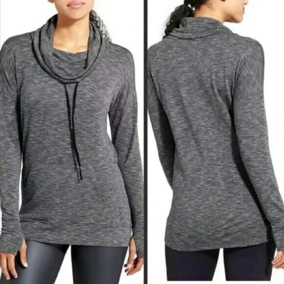 Athleta Tops - ATHLETA $88 Studio Cowl Sweatshirt Dark Gray Thumbholes Kangaroo Pocket Size XXS
